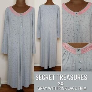 Secret Treasures 2X Granny Sleepwear Gray Pink Lace Trim Cottagecore Grandmacore